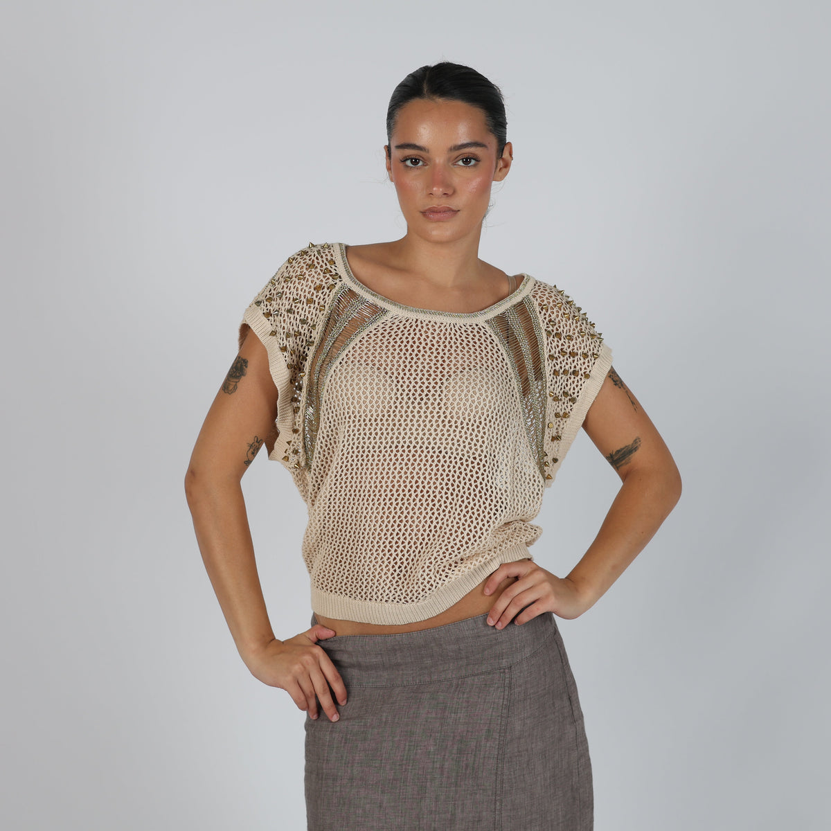 Cream Y2K Flam Mode Knitted Top (S)