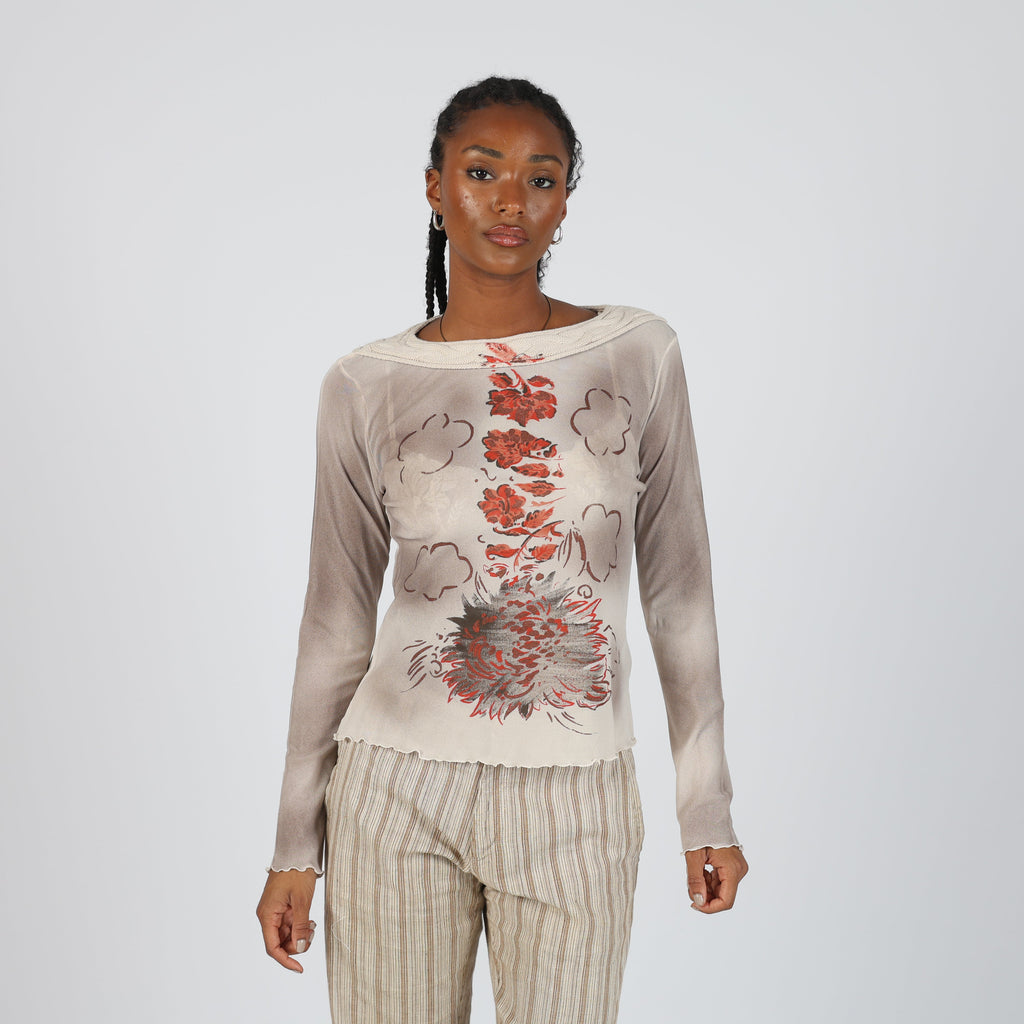 Cream Y2K Mariella Rosati Long Sleeve Top Semi Sheer (M)