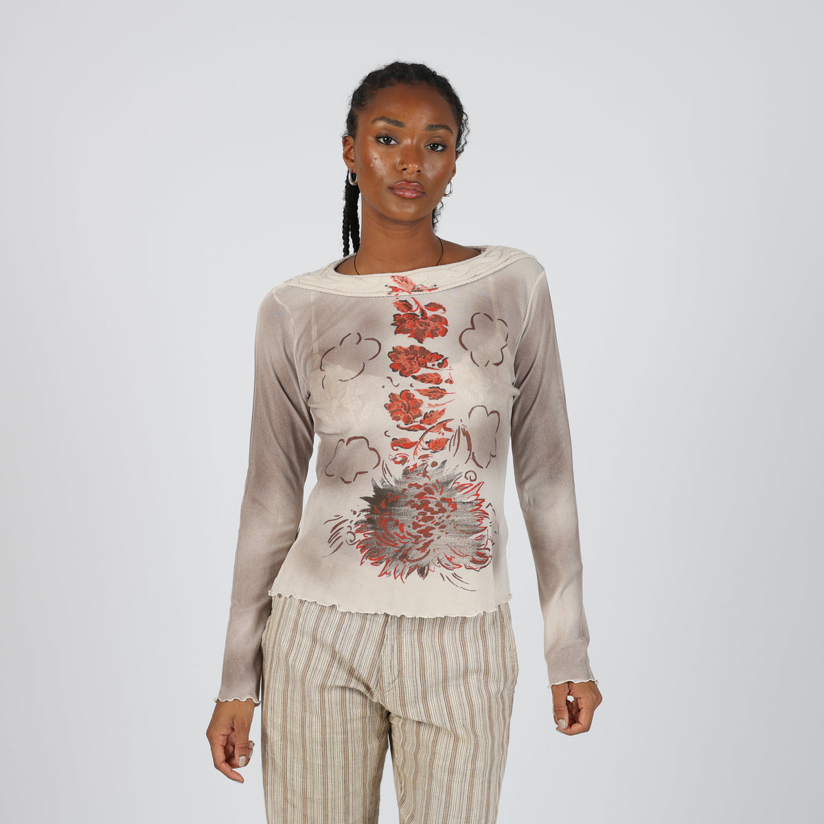 Cream Y2K Mariella Rosati Long Sleeve Top Semi Sheer (M)