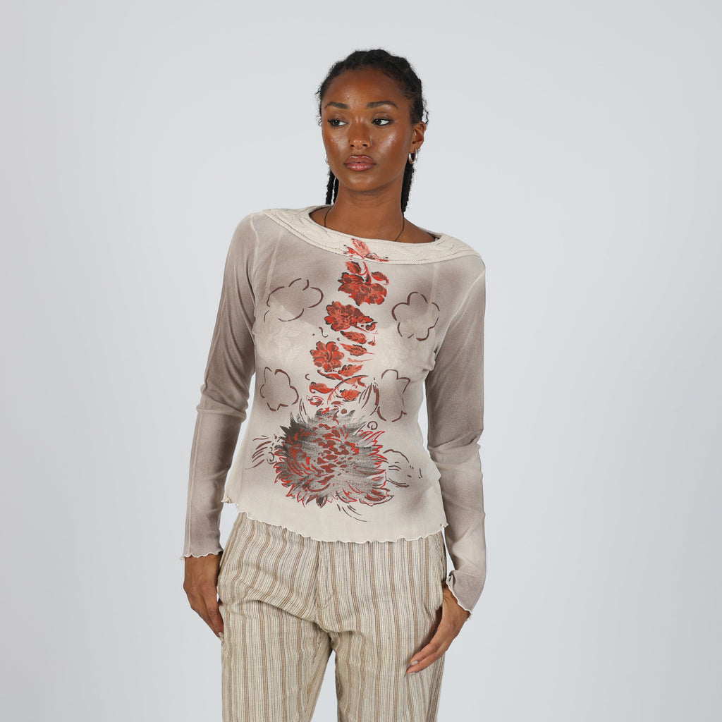 Cream Y2K Mariella Rosati Long Sleeve Top Semi Sheer (M)