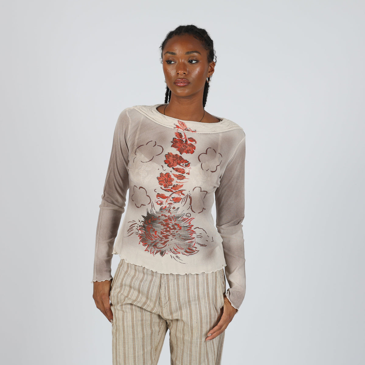 Cream Y2K Mariella Rosati Long Sleeve Top Semi Sheer (M)