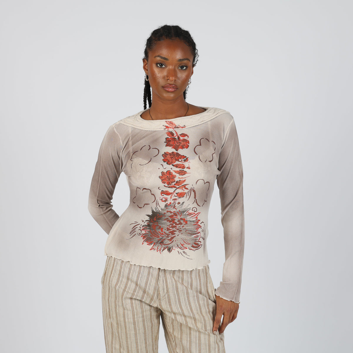 Cream Y2K Mariella Rosati Long Sleeve Top Semi Sheer (M)
