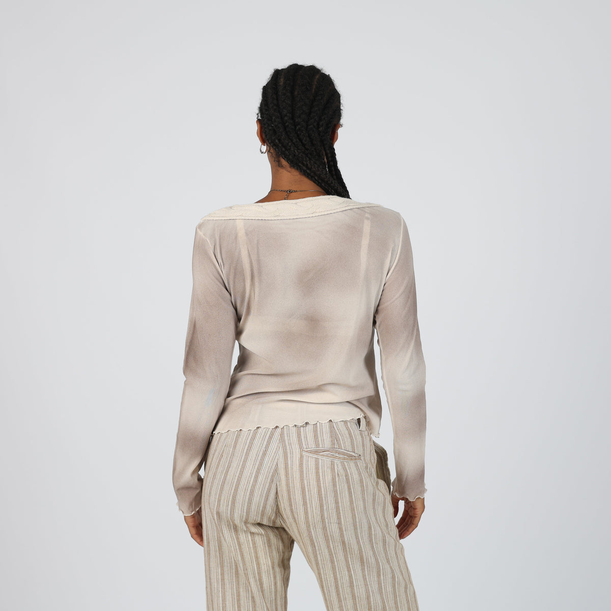 Cream Y2K Mariella Rosati Long Sleeve Top Semi Sheer (M)