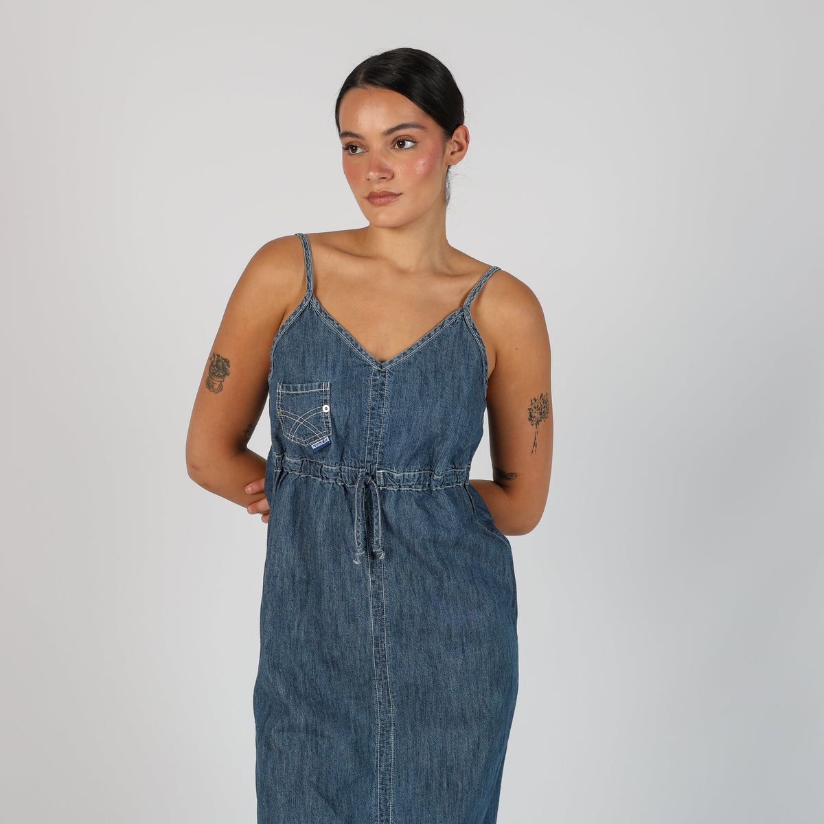 Blue Y2K Sweep Denim Midi Dress (M)