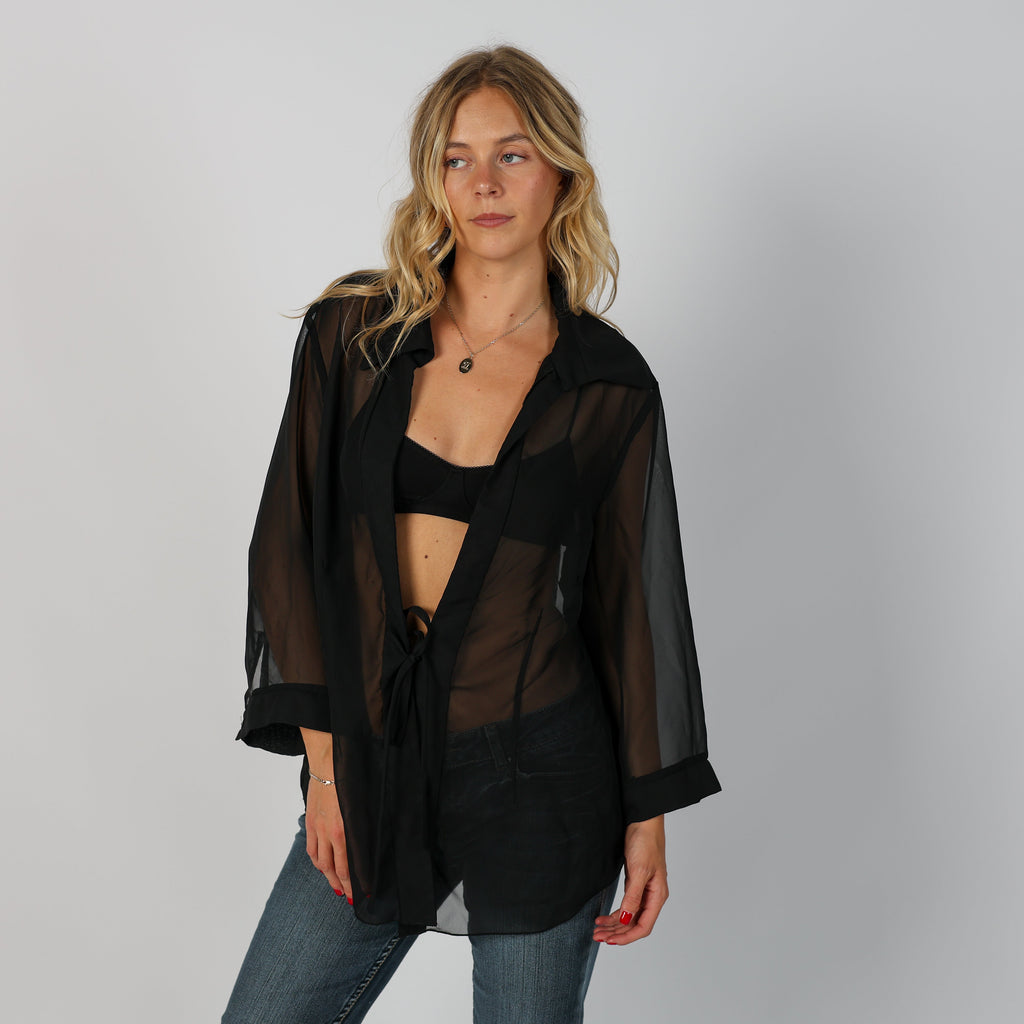 Black Y2K Made in Italy Long Sleeve Top Sheer (XL)