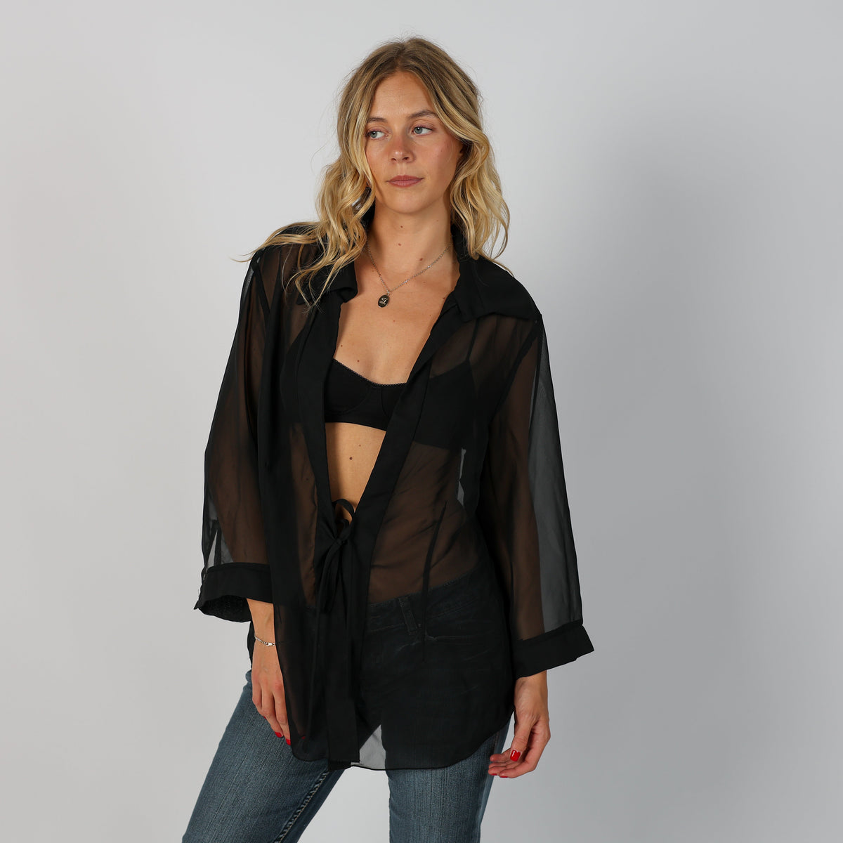 Black Y2K Made in Italy Long Sleeve Top Sheer (XL)