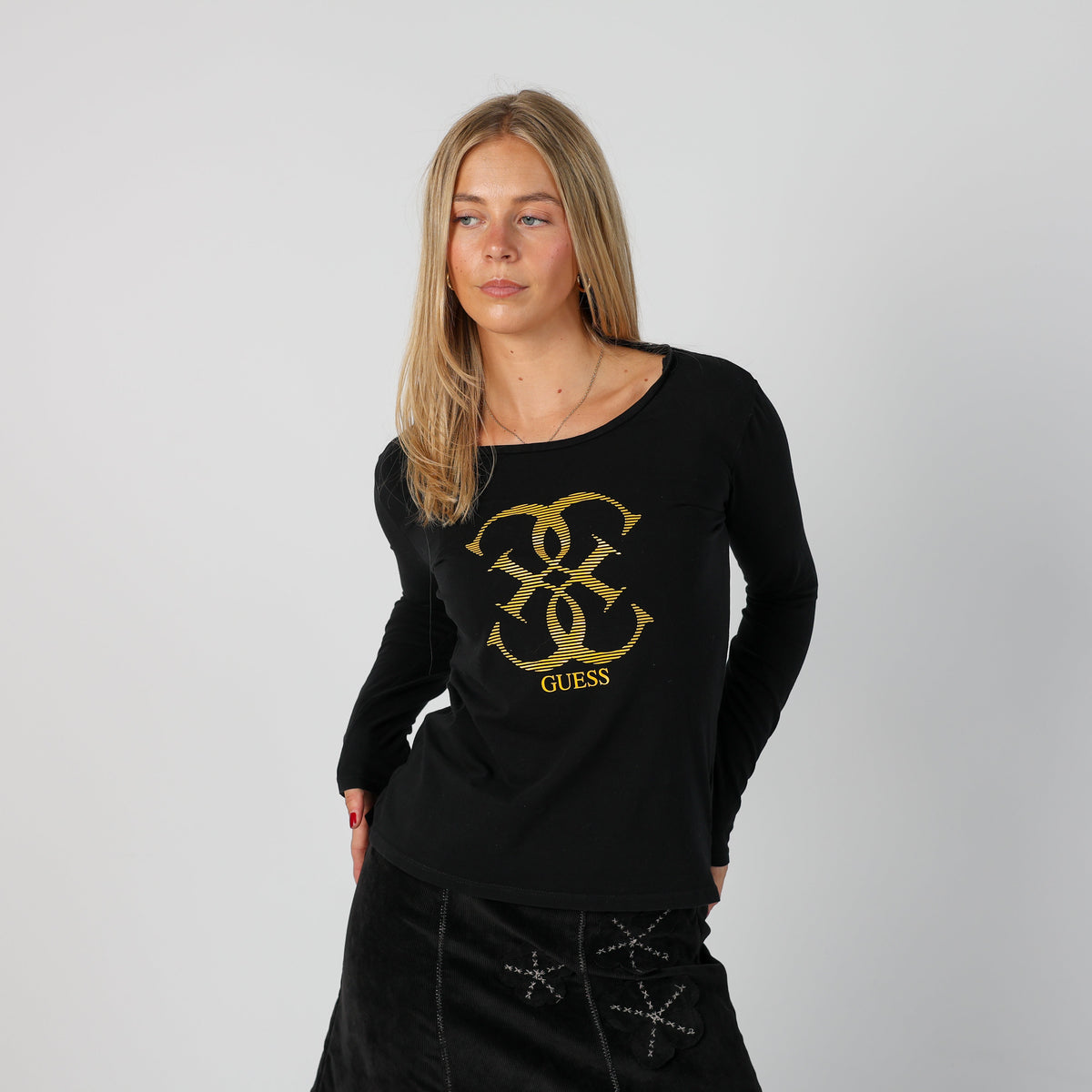 Black Y2K Guess Long Sleeve Top (S)