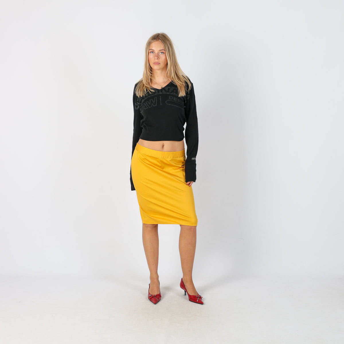 Mustard Yellow Y2K Moschino Woven Midi Skirt (M)