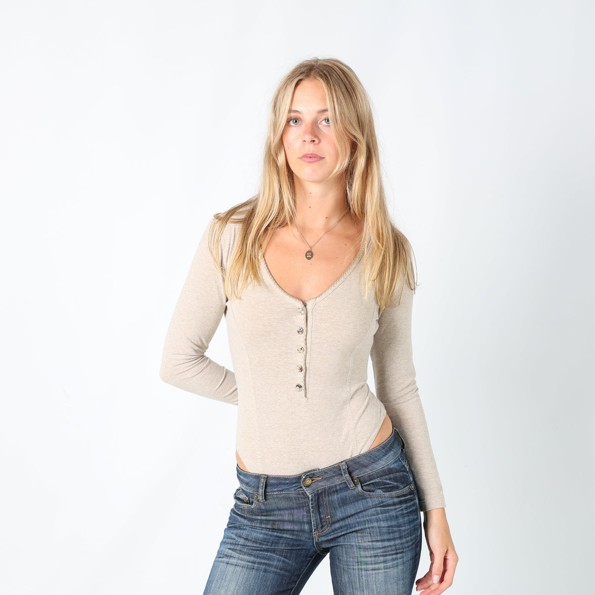 Beige 90s Rosso Diva Long Sleeve Top Bodysuit (M)