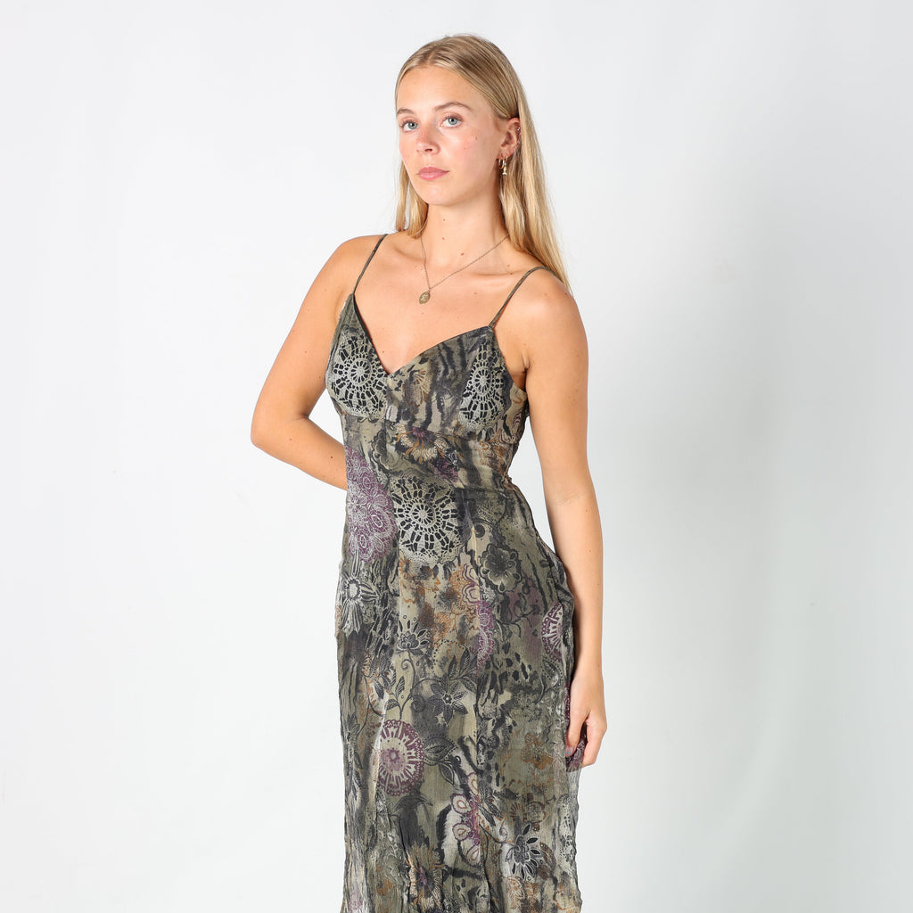 Dark Green Y2K Camomilla Woven Midi Dress Floral (M)