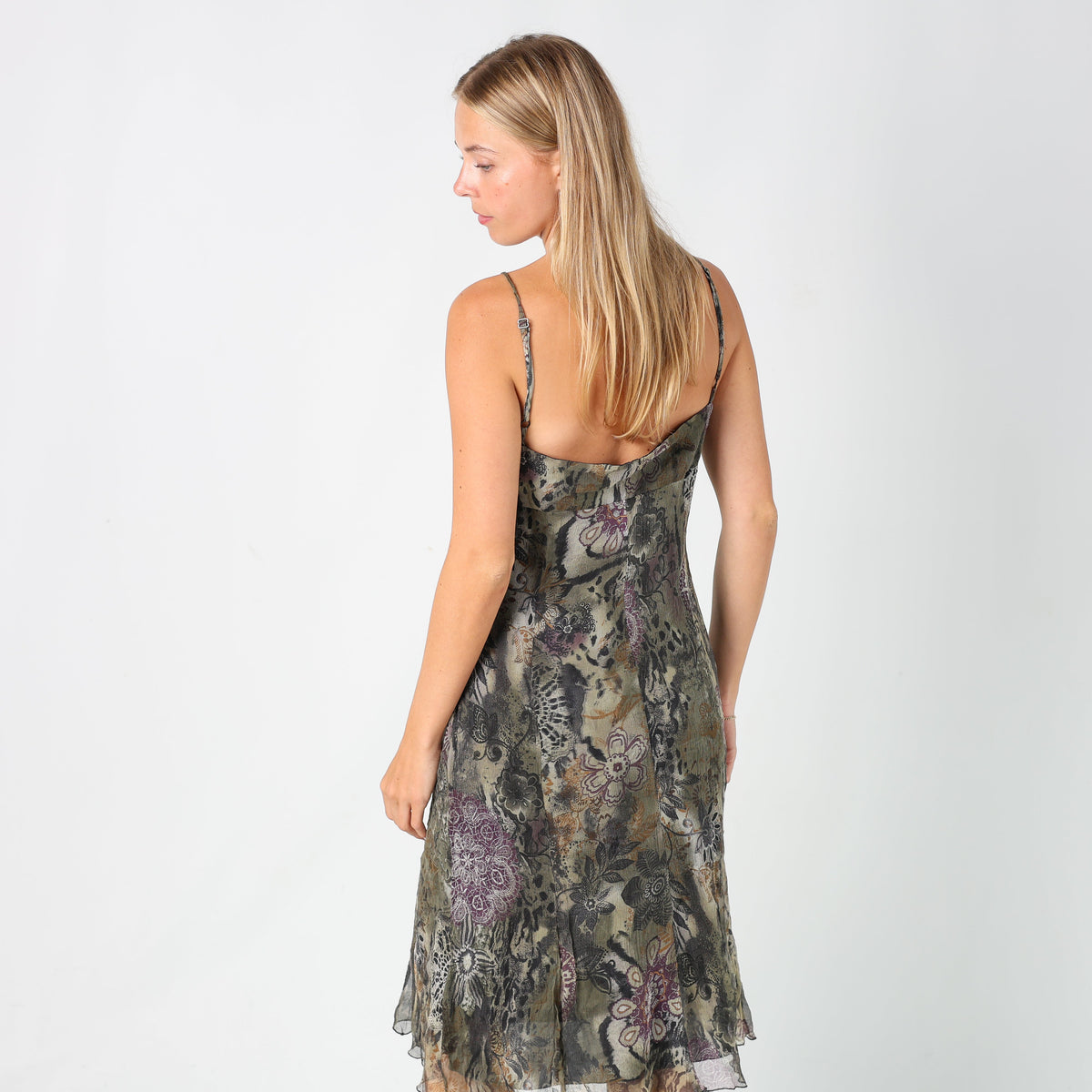 Dark Green Y2K Camomilla Woven Midi Dress Floral (M)