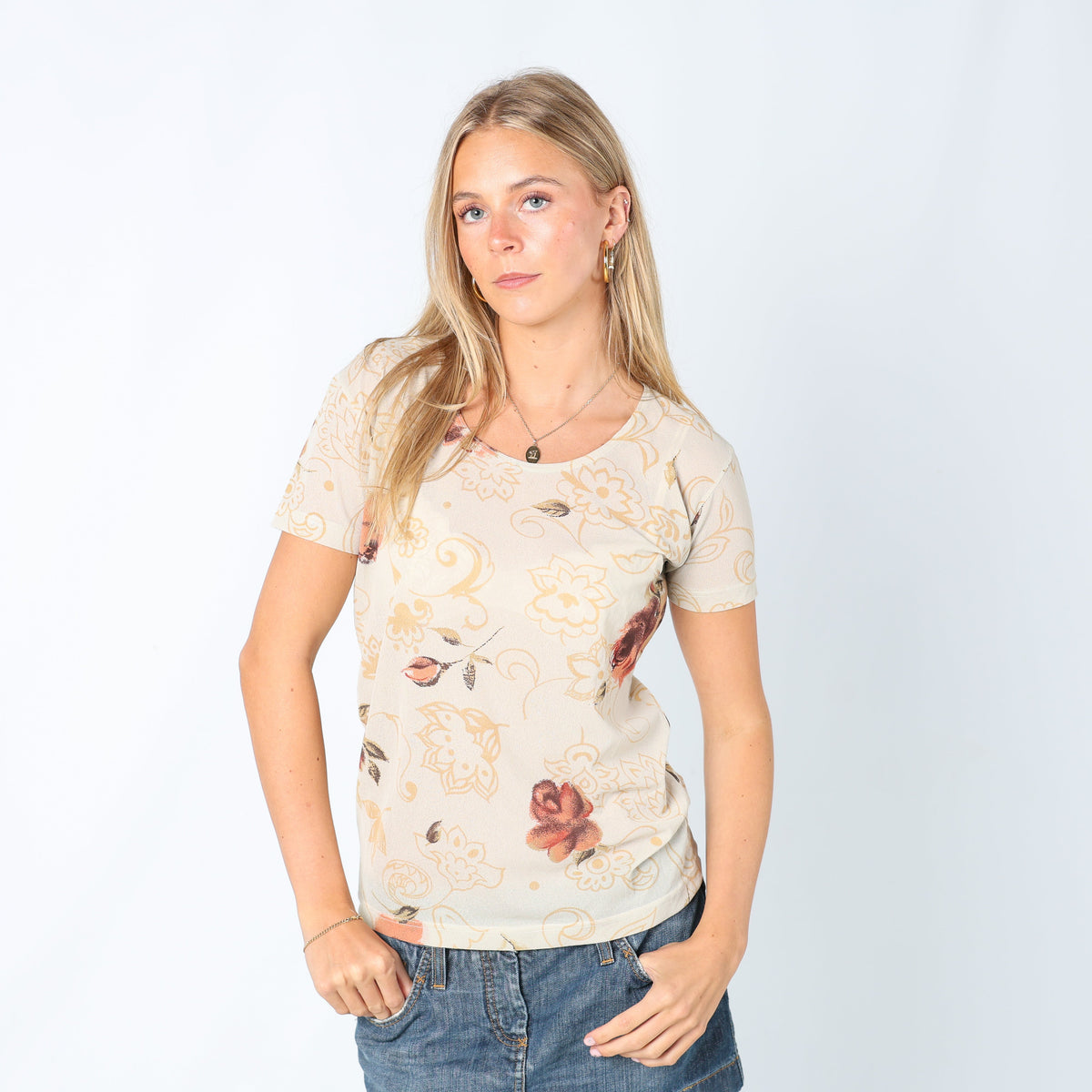 Beige Y2K Excise Blouse Floral Semi Sheer (L)
