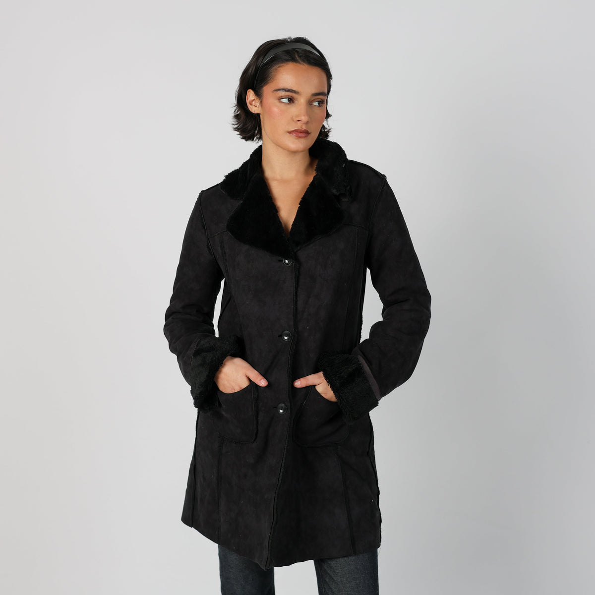 Black Y2K PHARD Shearling Coat (S)