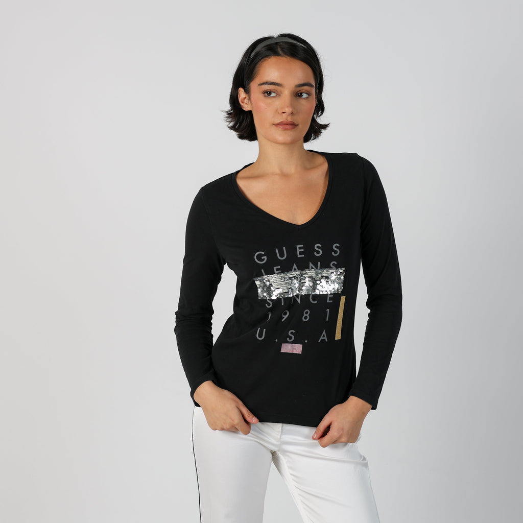 Black Y2K Guess Long Sleeve Top (M)