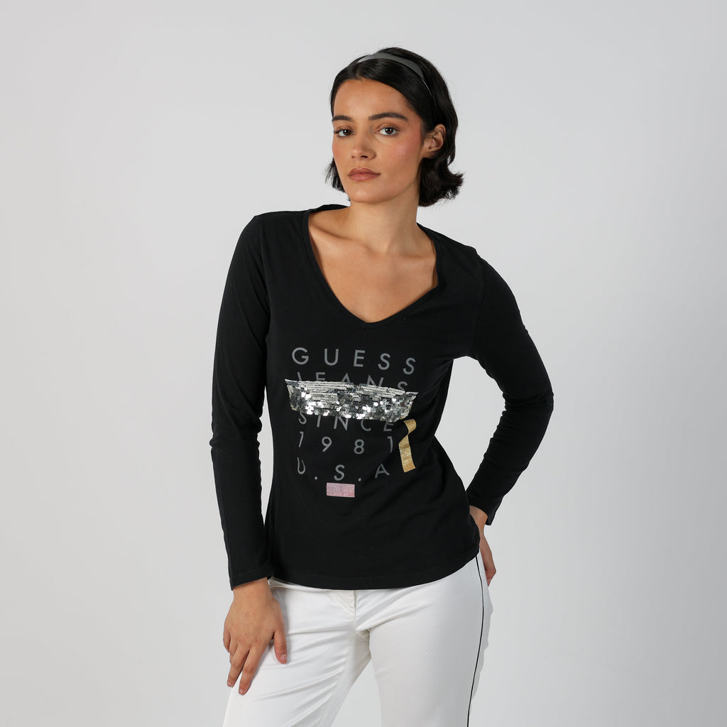 Black Y2K Guess Long Sleeve Top (M)