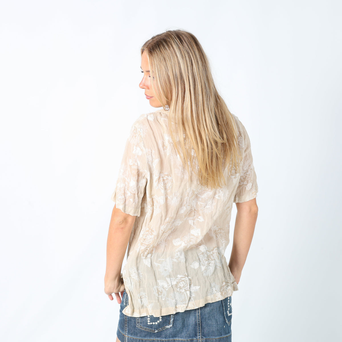 Beige Y2K Blouse Semi Sheer Floral (M)