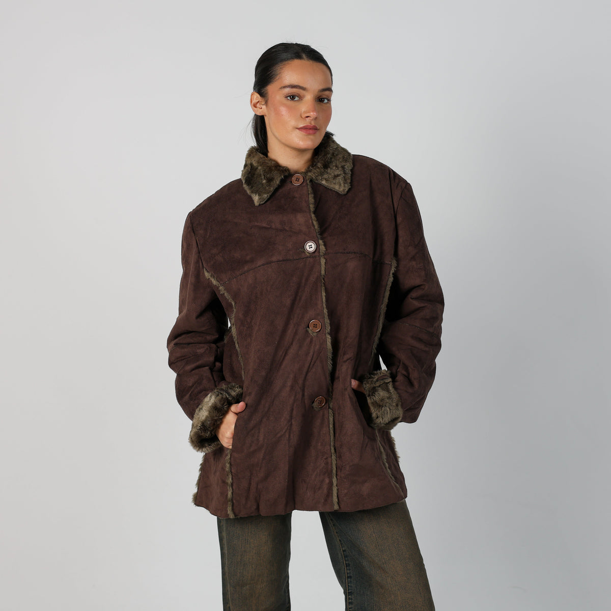 Brown Y2K Made in Italy Afghan Coat Faux fur (L)