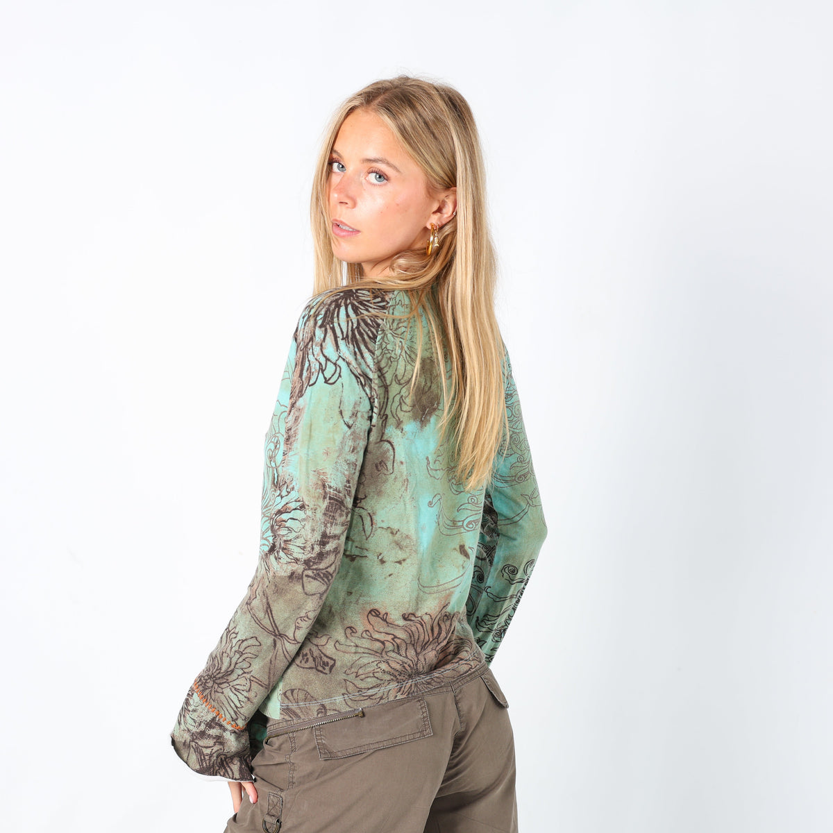 Turquoise Y2K Just Cavalli Long Sleeve Top Printed (L)