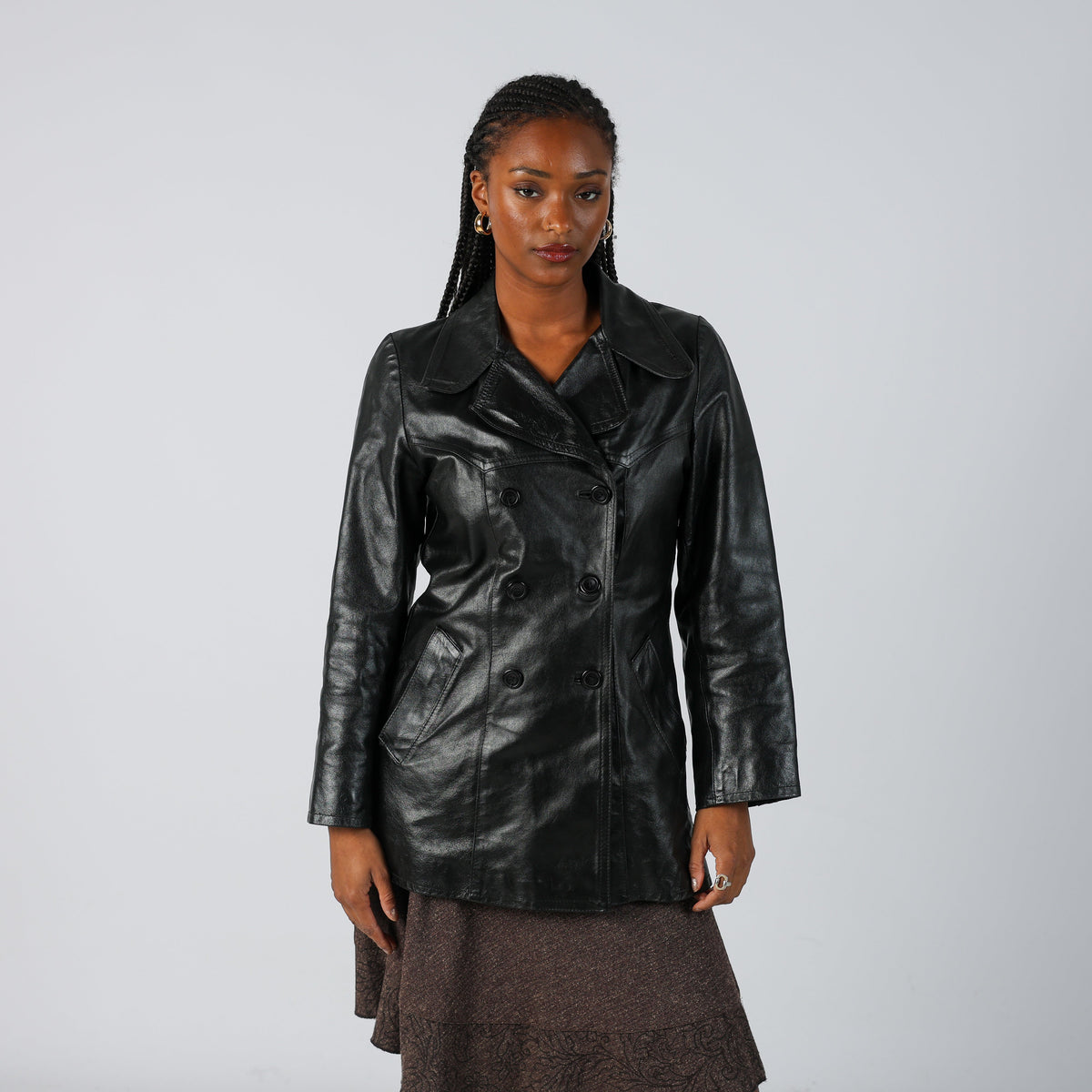 Black 90s Made in Italy Trench Coat Leather (S)