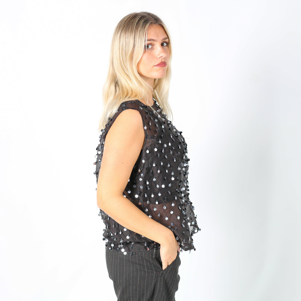 Black Y2K Cami Sheer Sequin (L)