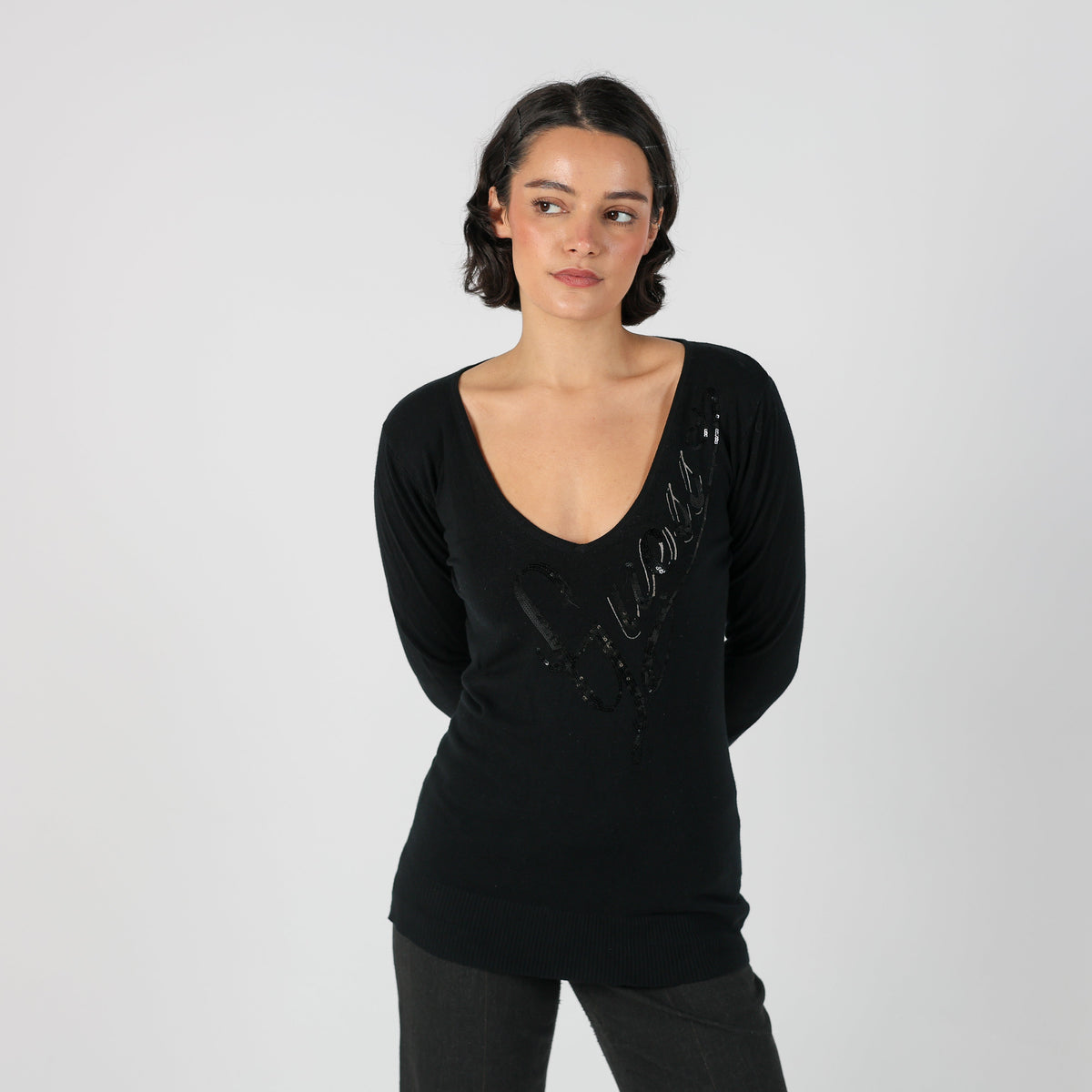 Black Y2K Guess Long Sleeve Top (M)