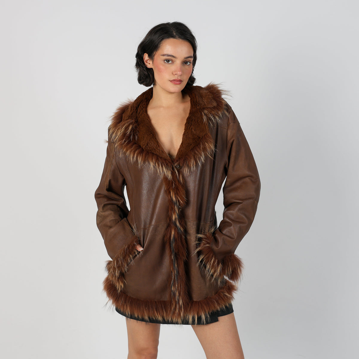 Brown Y2K Afghan Coat Faux Fur (M)