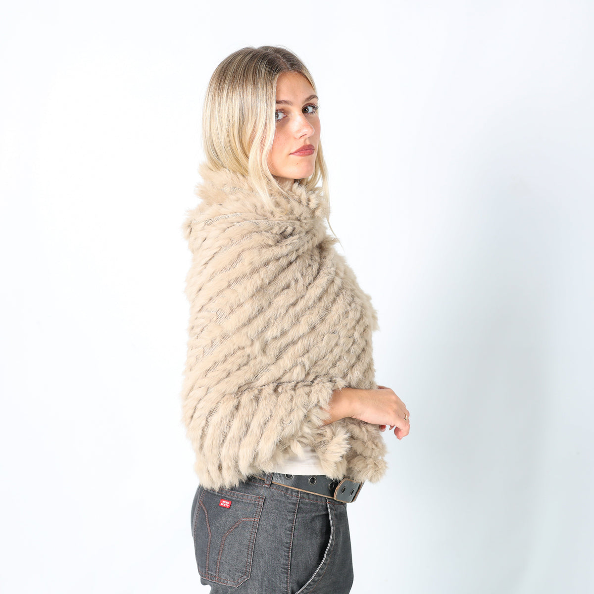 Beige Y2K Conbipel Knitted Top Fur Poncho (M)