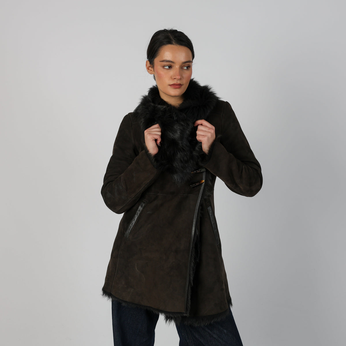 Brown Y2K Patrizia Pepe Afghan Coat Lamb Leather (S)