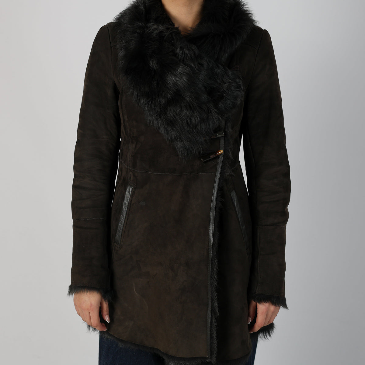 Brown Y2K Patrizia Pepe Afghan Coat Lamb Leather (S)