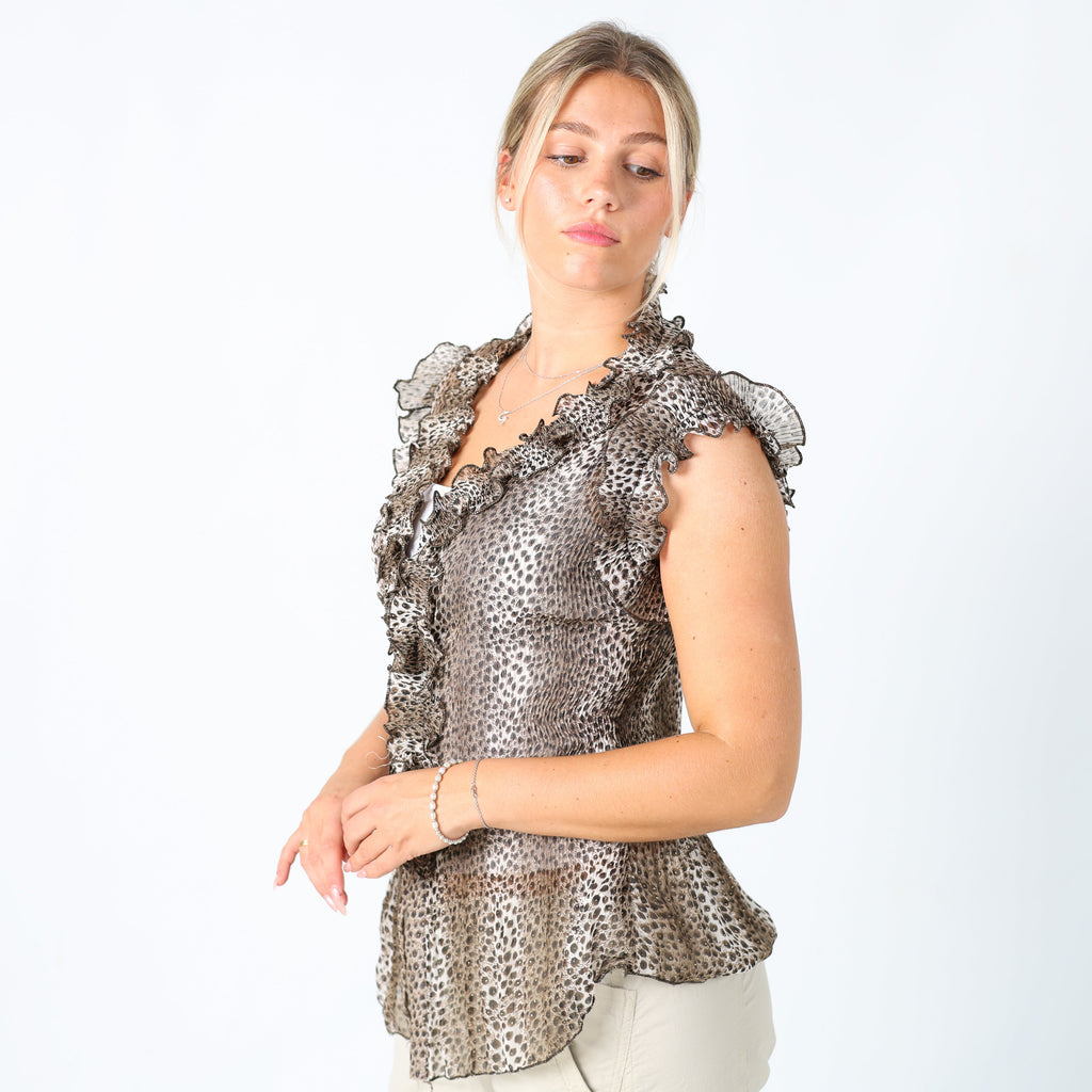Brown 90s Duohui fushi Blouse Sheer Print (M)
