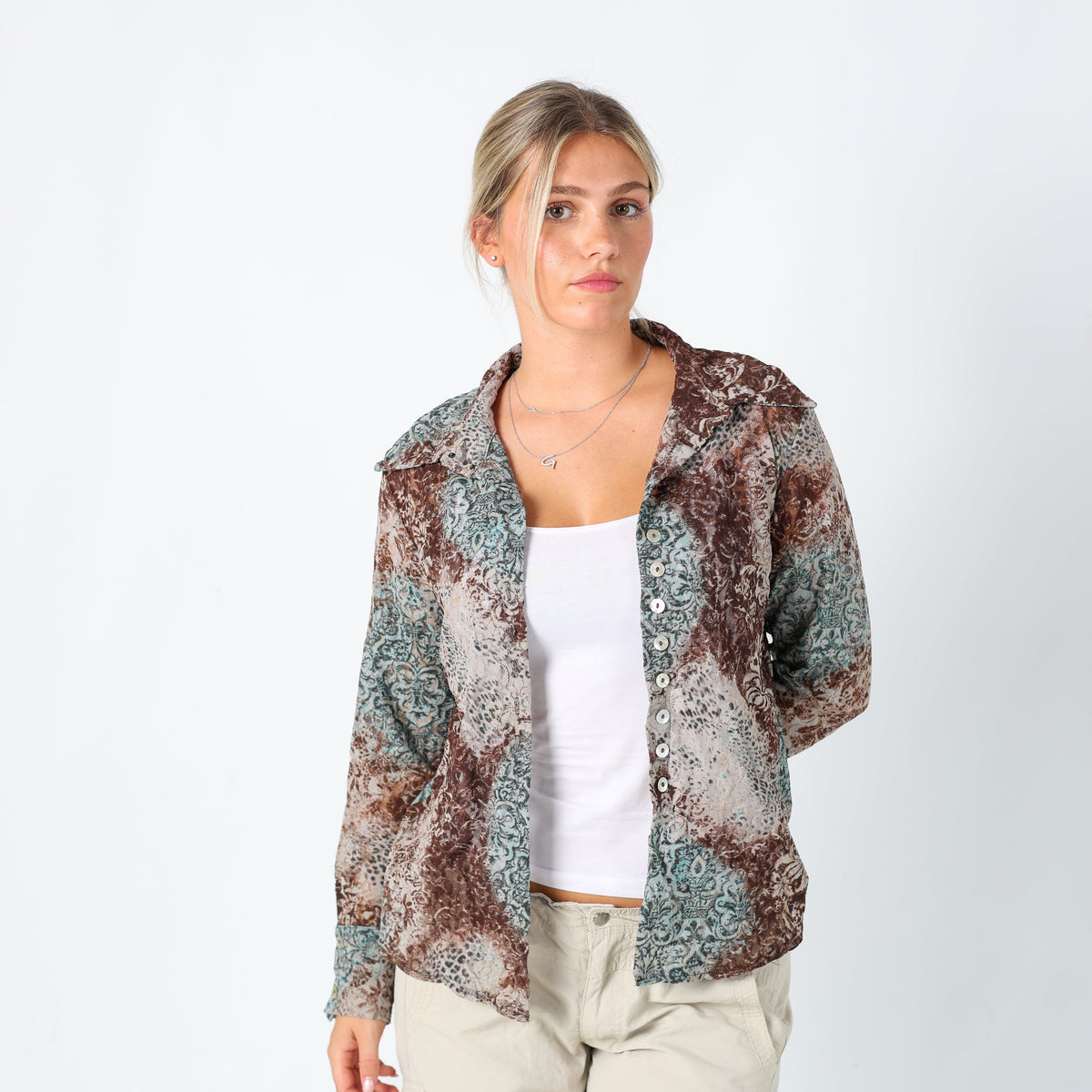 Turquoise Y2K Sorelle Baldi Blouse Lace Sheer (M)