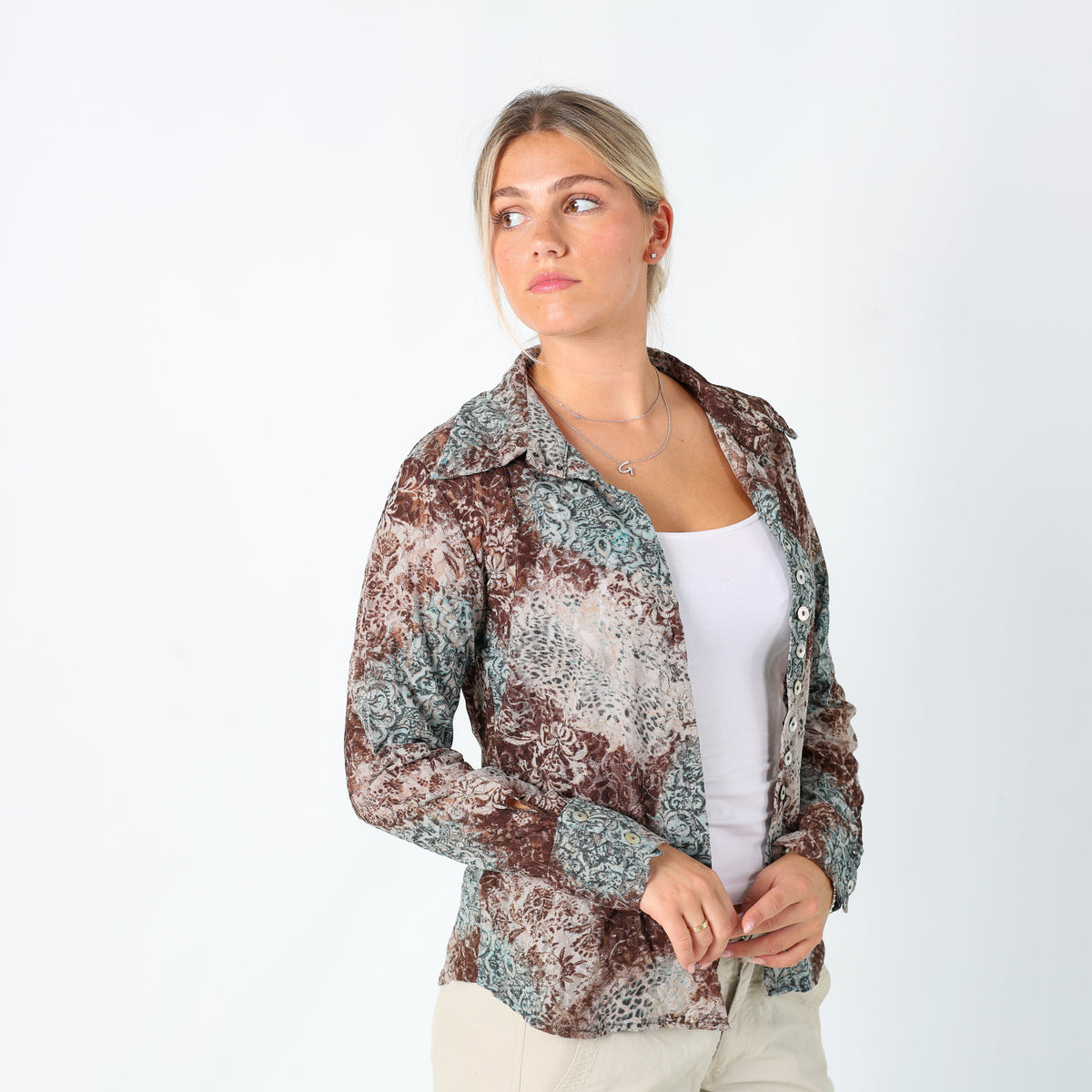 Turquoise Y2K Sorelle Baldi Blouse Lace Sheer (M)