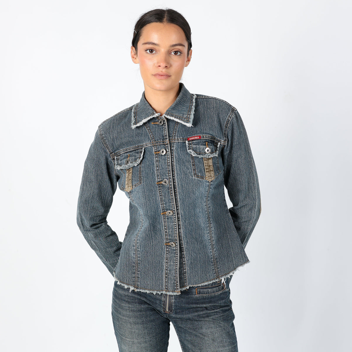 Blue Y2K Sancred Denim Jacket Pocket Detailing, Unique y2k (M)