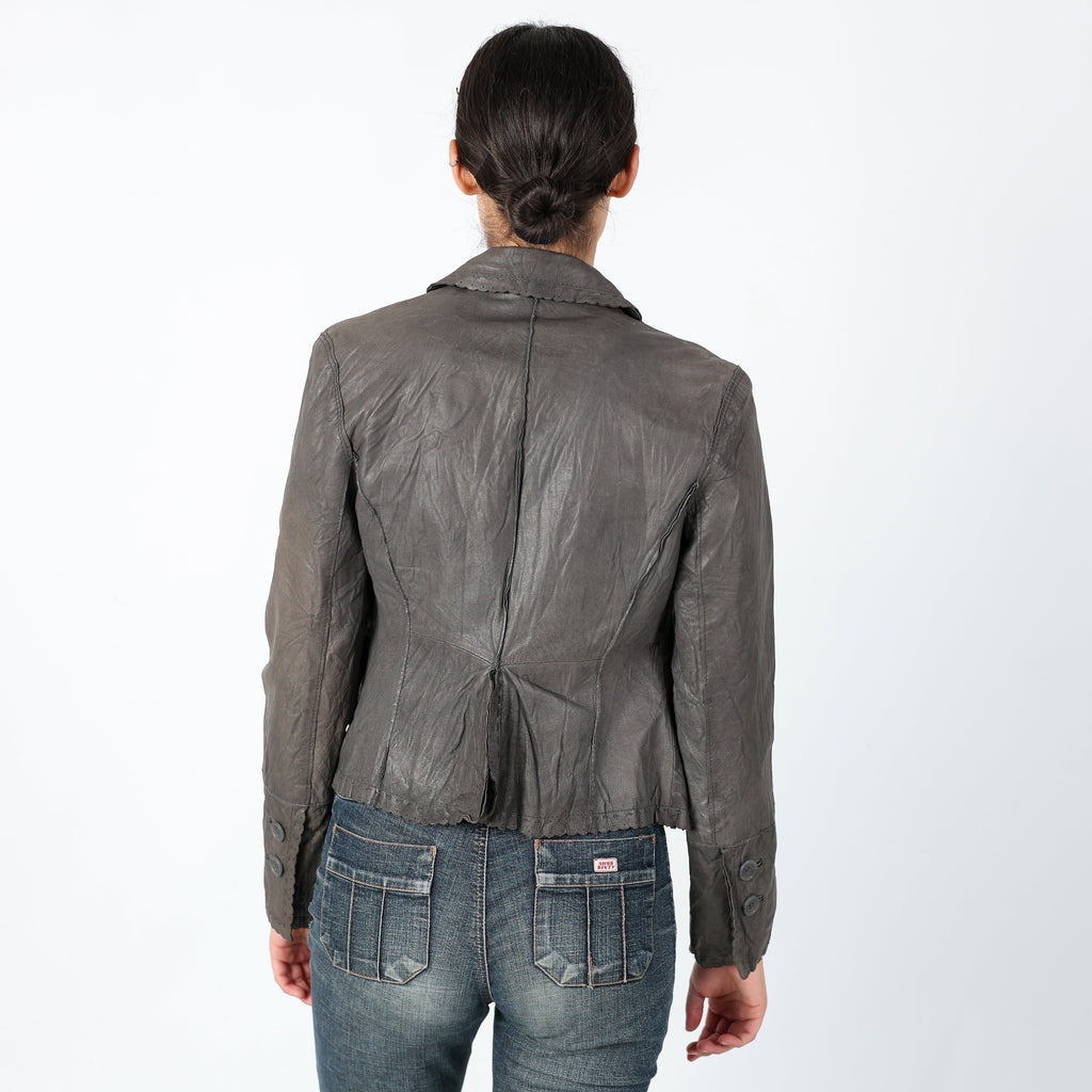 Charcoal Grey 90s Stefanel Leather Jacket Grunge, Y2k Jacket, Detaled collar (S)