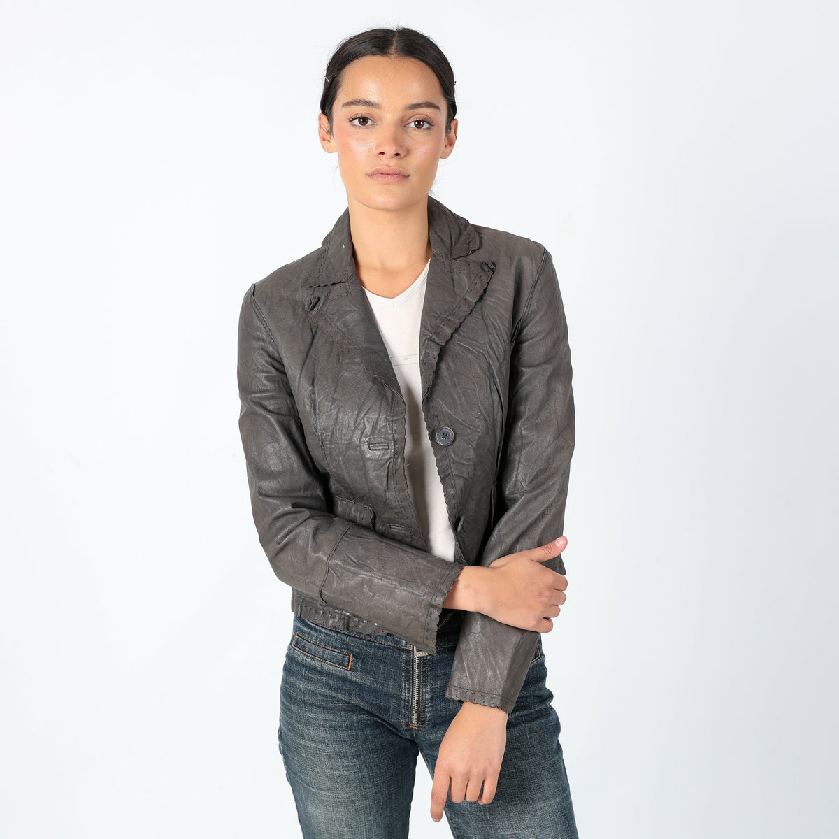 Charcoal Grey 90s Stefanel Leather Jacket Grunge, Y2k Jacket, Detaled collar (S)