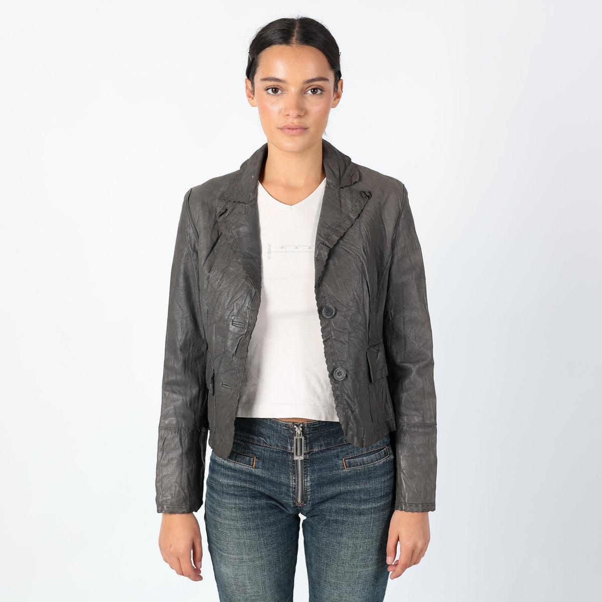 Charcoal Grey 90s Stefanel Leather Jacket Grunge, Y2k Jacket, Detaled collar (S)