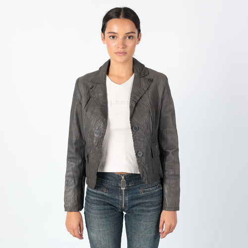 Charcoal Grey 90s Stefanel Leather Jacket Grunge, Y2k Jacket, Detaled collar (S)