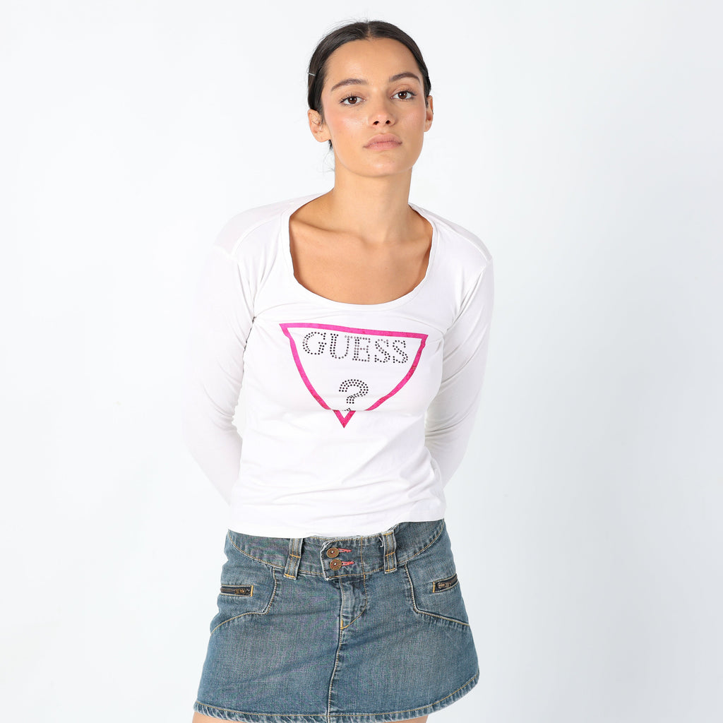 White Y2K Guess Jeans Woven Top Detailing on front, Y2k Casualwear (S)