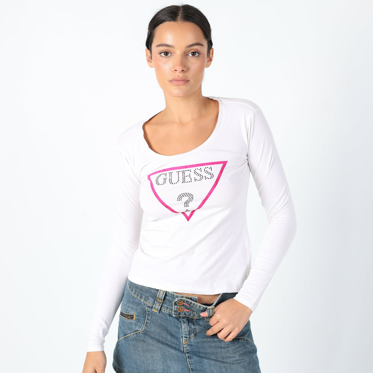 White Y2K Guess Jeans Woven Top Detailing on front, Y2k Casualwear (S)