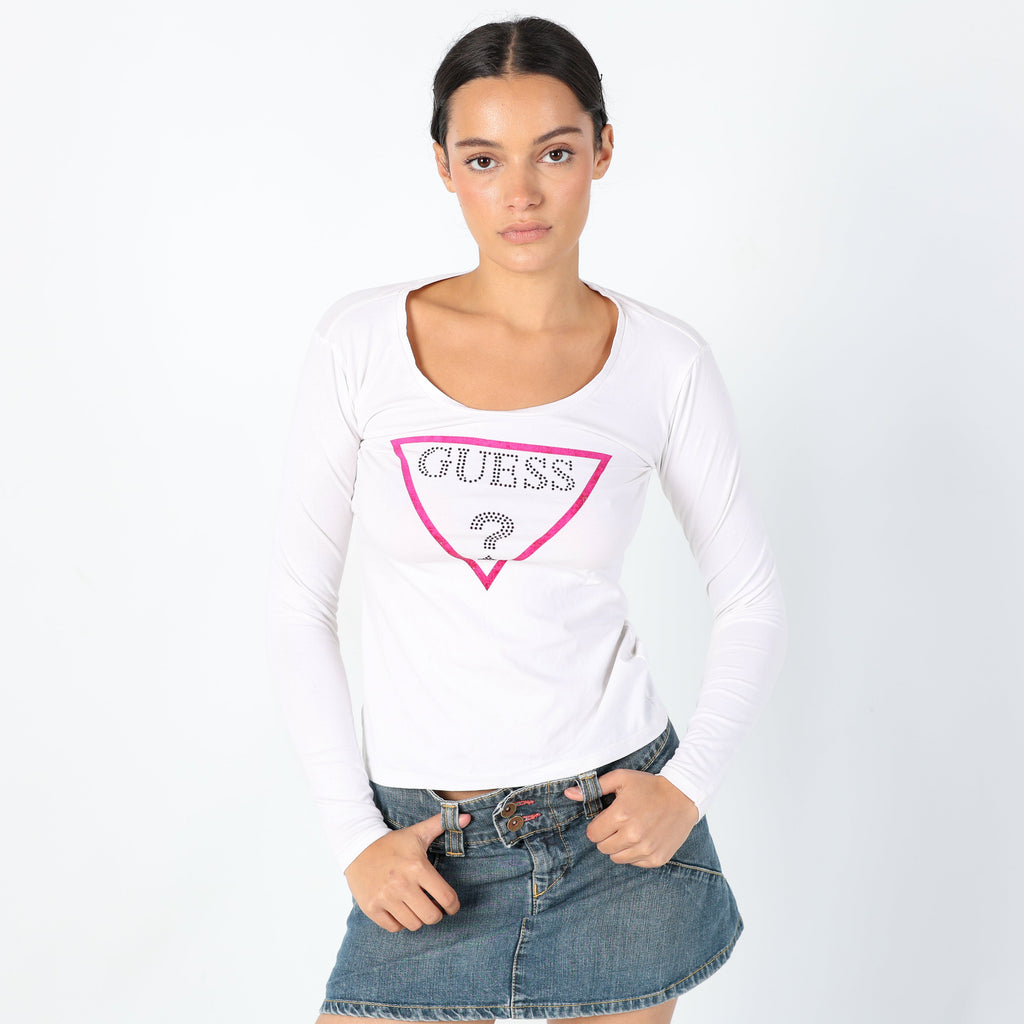 White Y2K Guess Jeans Woven Top Detailing on front, Y2k Casualwear (S)