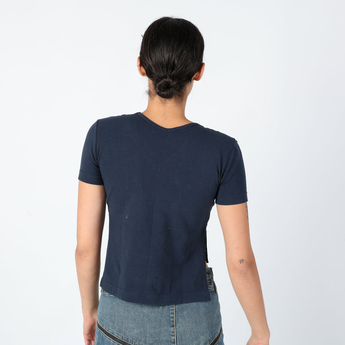 Navy Blue 90s Cop Copine Woven Top Asymmetrical, Chic, Pocket Detail (M)