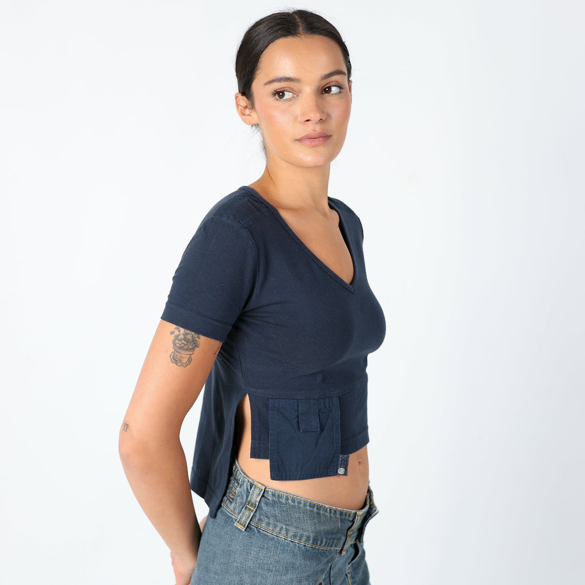 Navy Blue 90s Cop Copine Woven Top Asymmetrical, Chic, Pocket Detail (M)