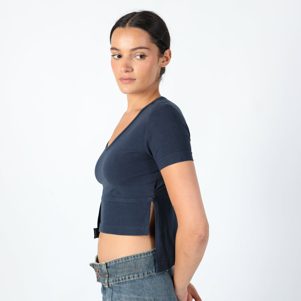 Navy Blue 90s Cop Copine Woven Top Asymmetrical, Chic, Pocket Detail (M)