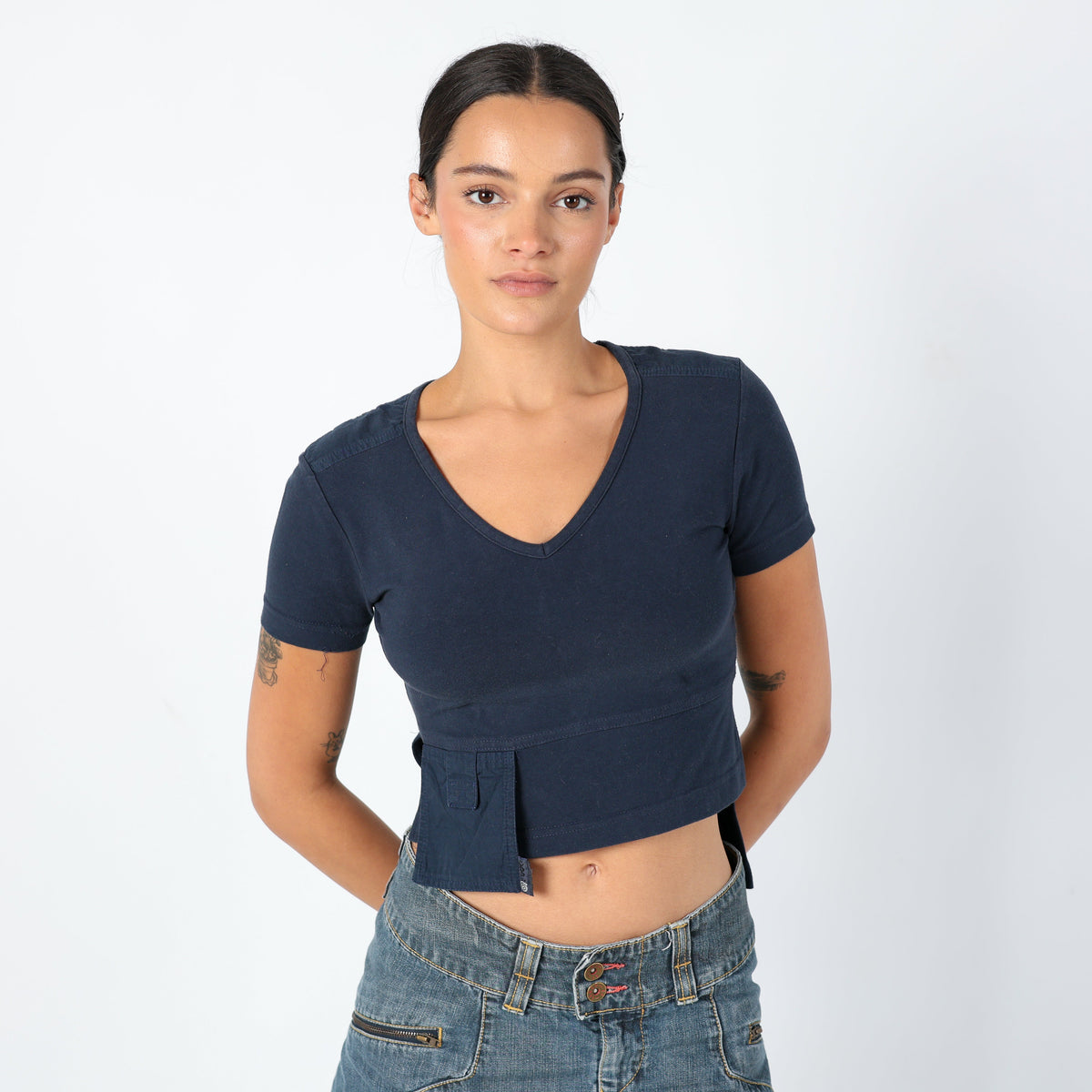 Navy Blue 90s Cop Copine Woven Top Asymmetrical, Chic, Pocket Detail (M)