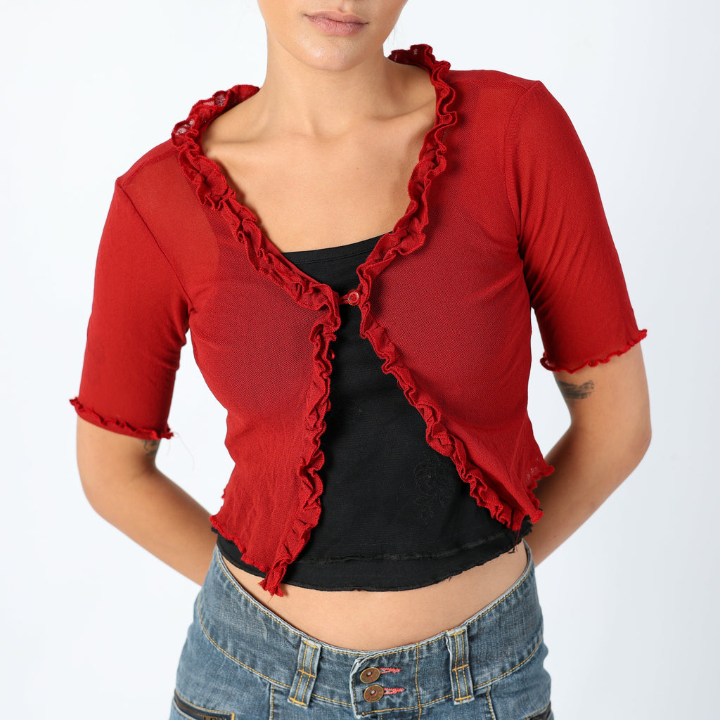 Red 90s Mesh Top Euro Summer, Sheer Cardigan, Chic (S)
