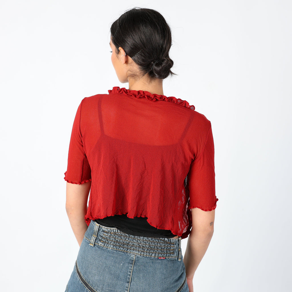 Red 90s Mesh Top Euro Summer, Sheer Cardigan, Chic (S)