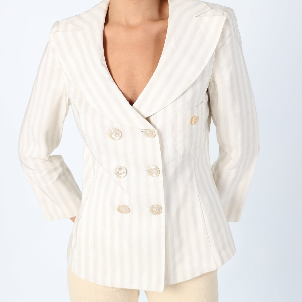 Cream Y2K Armani Woven Jacket Super Chic, Designer Stripe Blazer, Shoulder Pads, Office Siren (M)