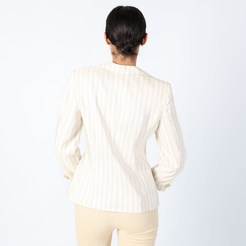 Cream Y2K Armani Woven Jacket Super Chic, Designer Stripe Blazer, Shoulder Pads, Office Siren (M)