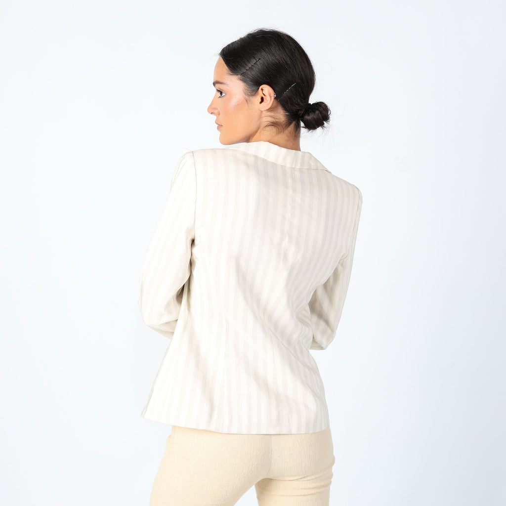 Cream Y2K Armani Woven Jacket Super Chic, Designer Stripe Blazer, Shoulder Pads, Office Siren (M)