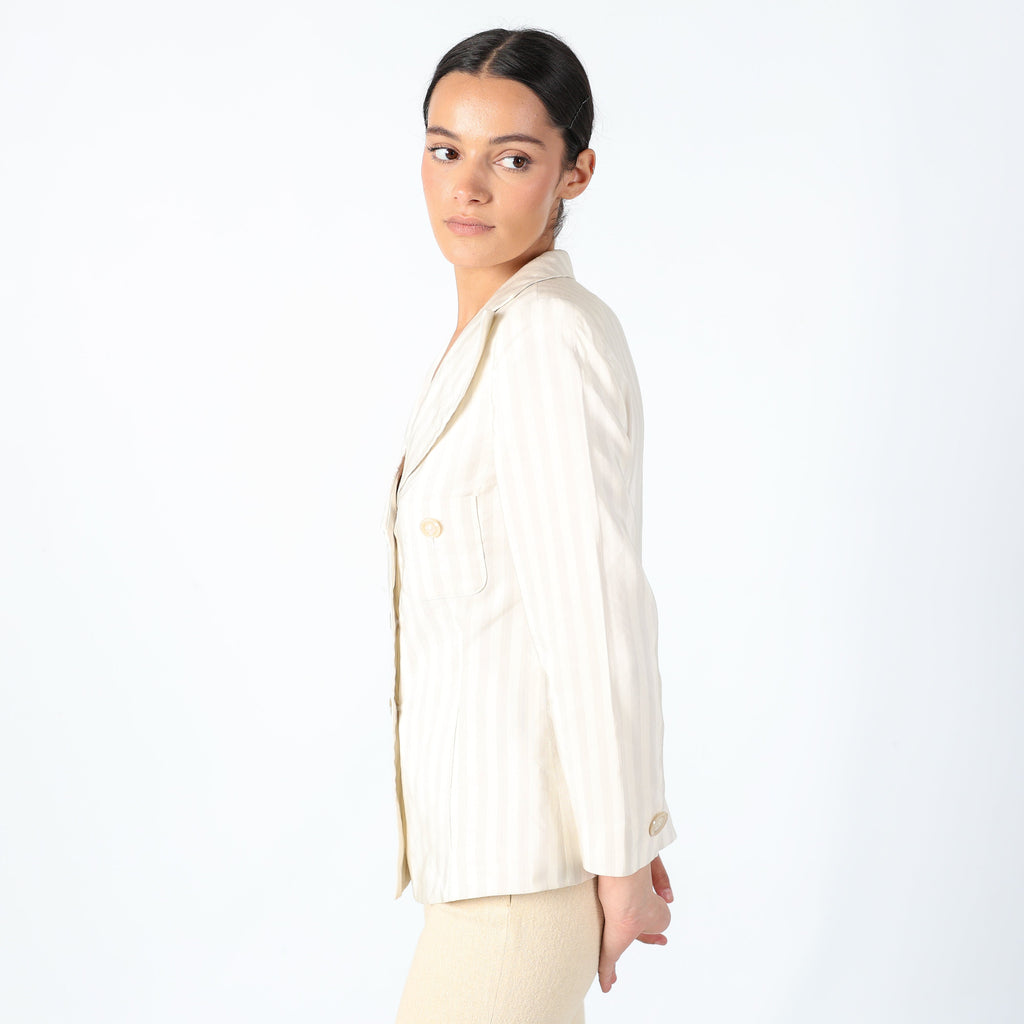 Cream Y2K Armani Woven Jacket Super Chic, Designer Stripe Blazer, Shoulder Pads, Office Siren (M)